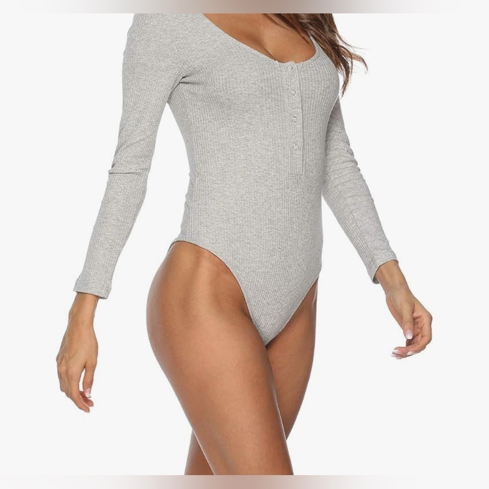 Olia Gray Ribbed Button Front Cheeky Snap Gusset Bodysuit NWT L #1996